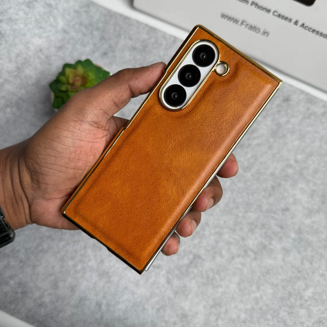 FRATO Fold 6 Collection Samsung Galaxy Z Fold 6 PU Leather Chrome Plated Front Screen Protector Case Cover