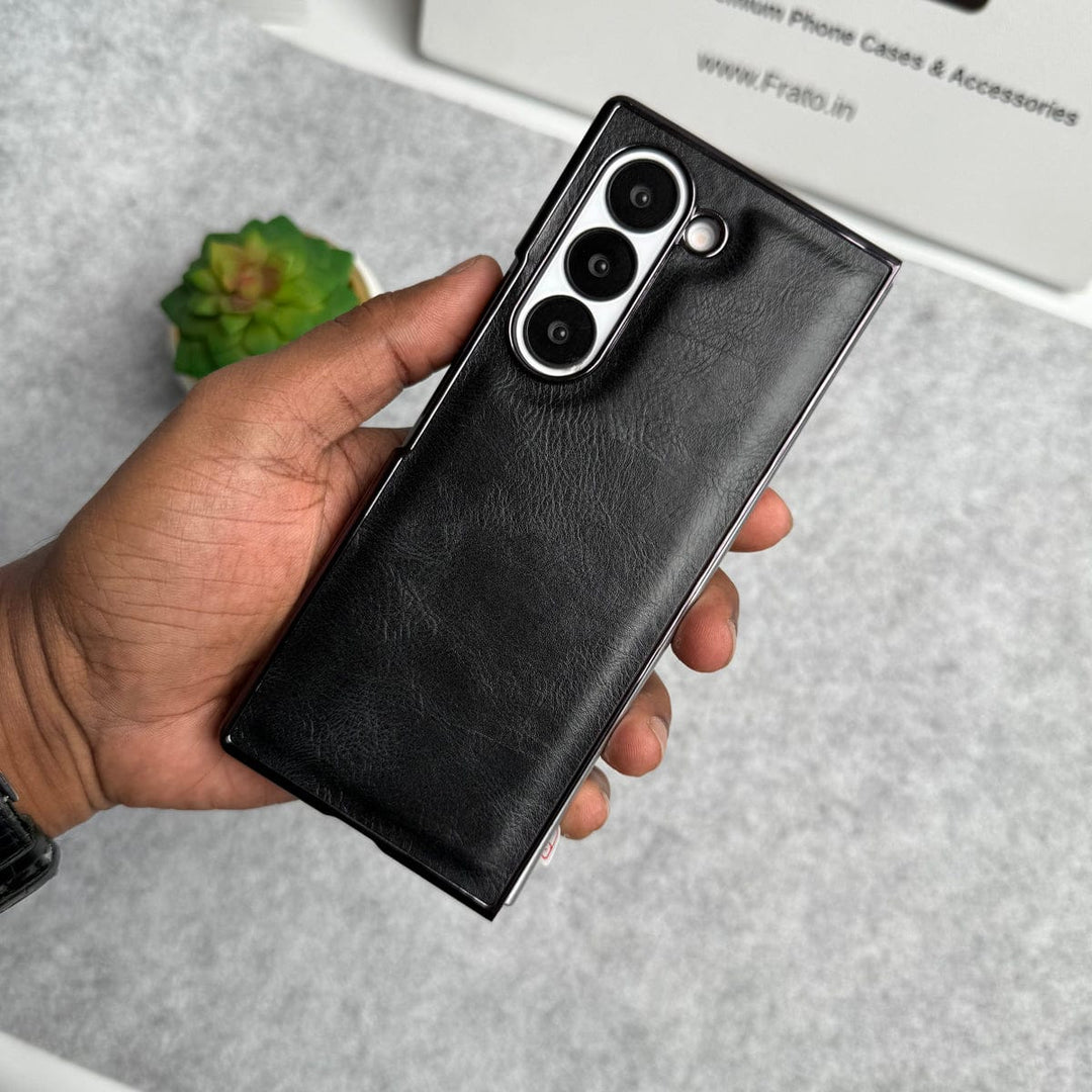 FRATO Fold 6 Collection Samsung Galaxy Z Fold 6 PU Leather Chrome Plated Front Screen Protector Case Cover