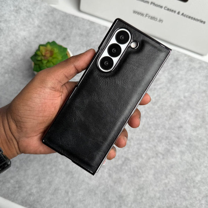 FRATO Fold 6 Collection Samsung Galaxy Z Fold 6 PU Leather Chrome Plated Front Screen Protector Case Cover