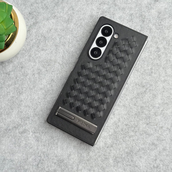 FRATO Fold 6 Collection Samsung Galaxy Z Fold 6 PU Weave Leather with Metal Kickstand Slim Back Cover