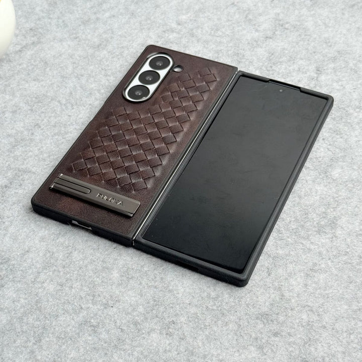 FRATO Fold 6 Collection Samsung Galaxy Z Fold 6 PU Weave Leather with Metal Kickstand Slim Back Cover