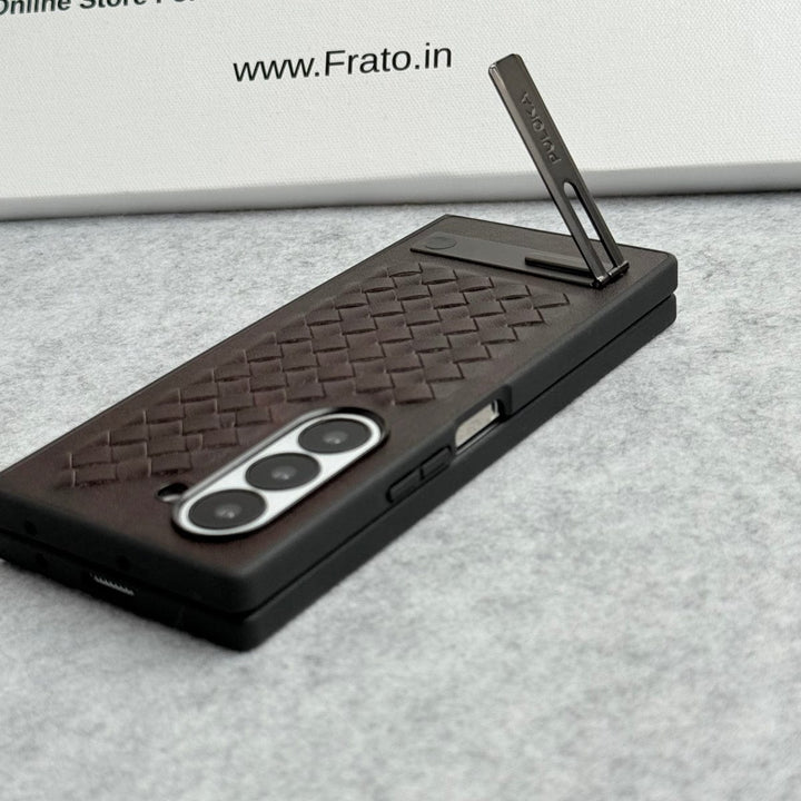 FRATO Fold 6 Collection Samsung Galaxy Z Fold 6 PU Weave Leather with Metal Kickstand Slim Back Cover