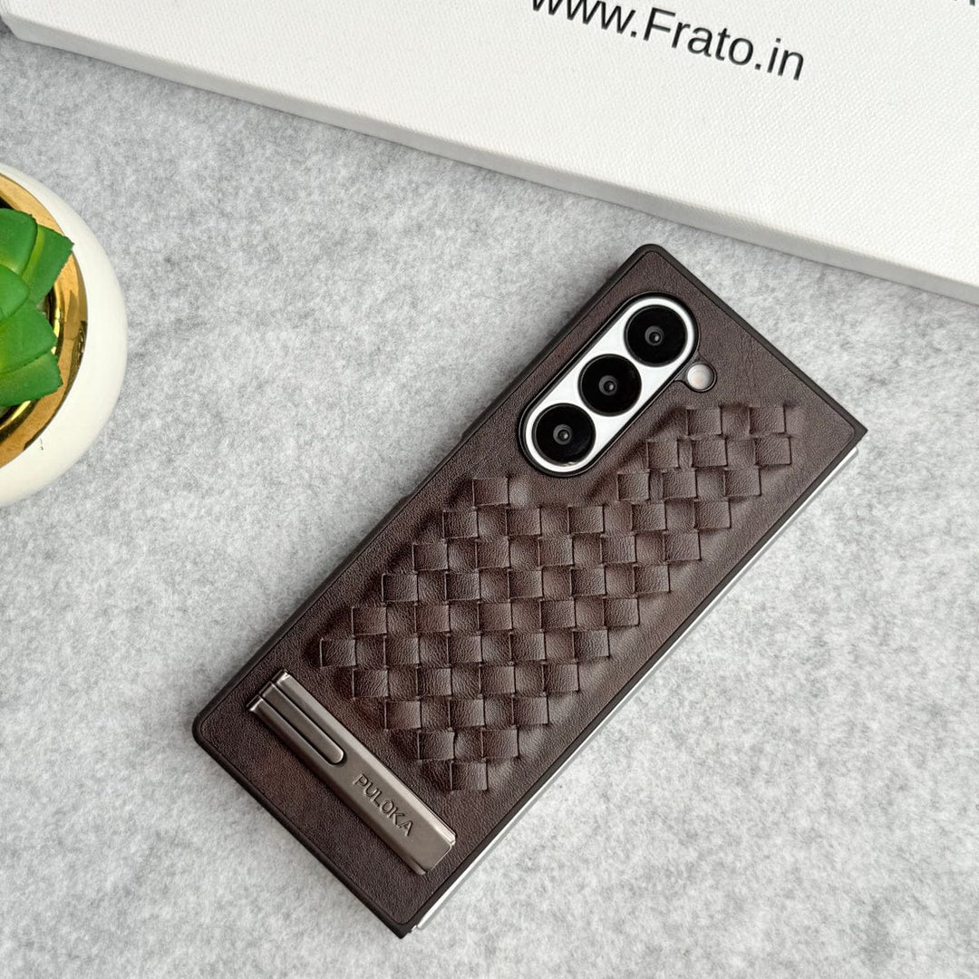 FRATO Fold 6 Collection Samsung Galaxy Z Fold 6 PU Weave Leather with Metal Kickstand Slim Back Cover