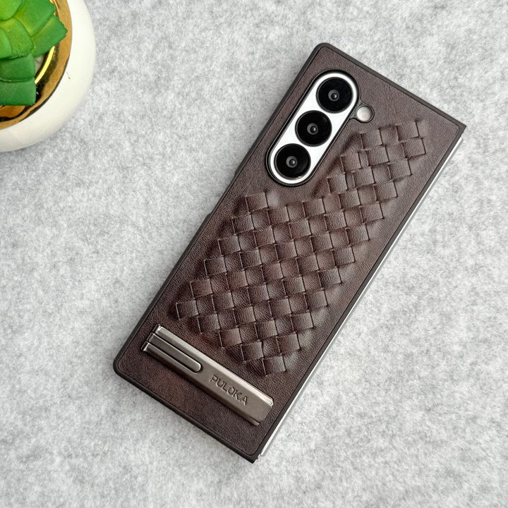 FRATO Fold 6 Collection Samsung Galaxy Z Fold 6 PU Weave Leather with Metal Kickstand Slim Back Cover