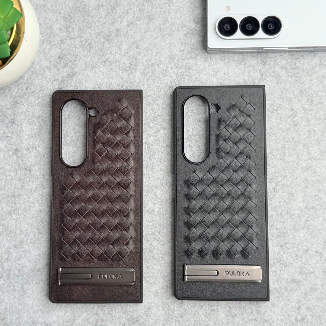 FRATO Fold 6 Collection Samsung Galaxy Z Fold 6 PU Weave Leather with Metal Kickstand Slim Back Cover