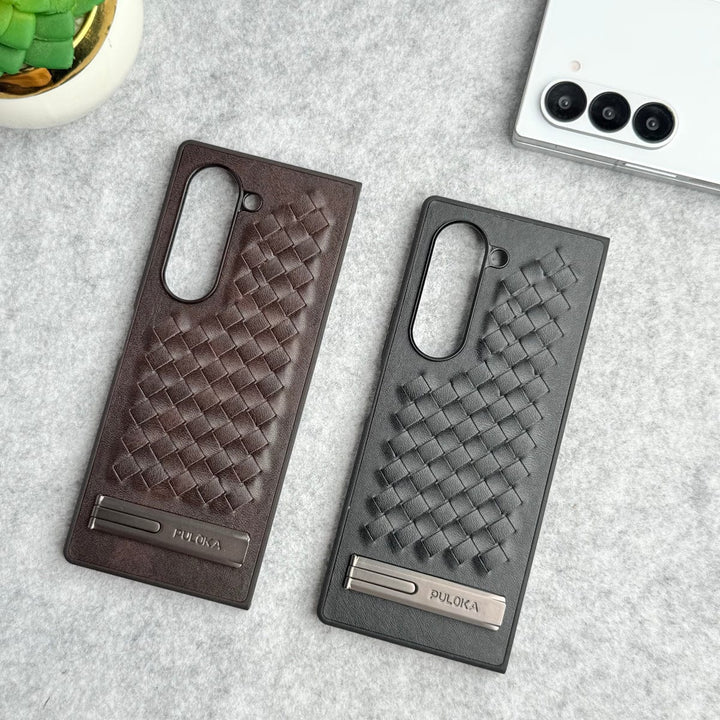 FRATO Fold 6 Collection Samsung Galaxy Z Fold 6 PU Weave Leather with Metal Kickstand Slim Back Cover