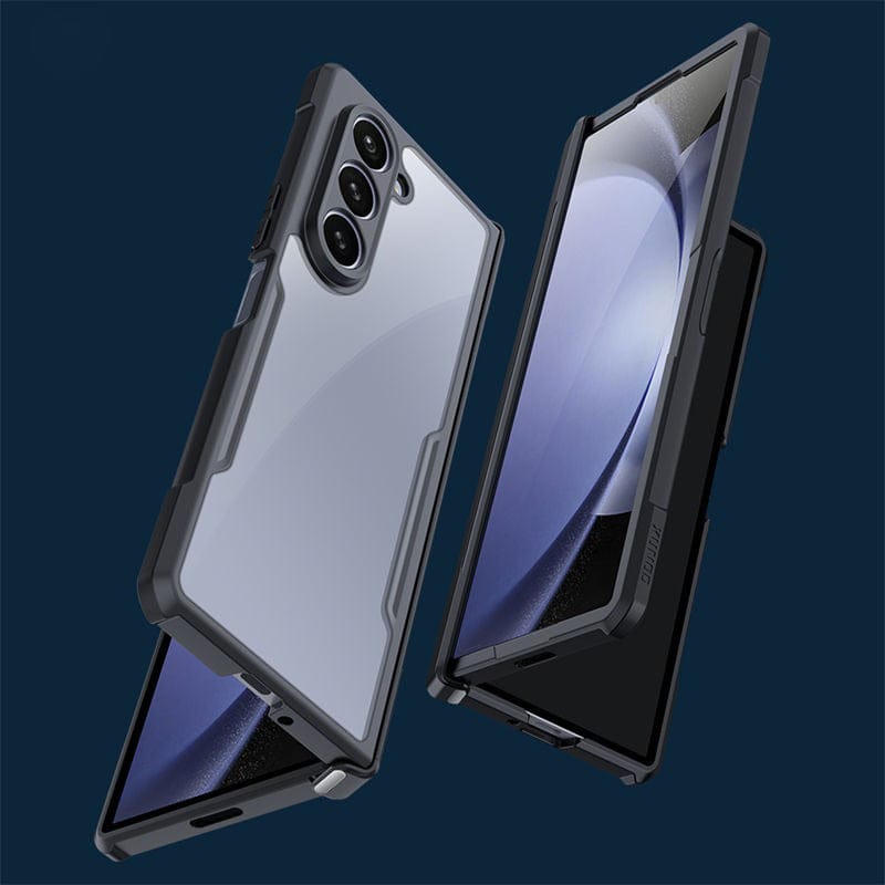 FRATO Fold 6 Collection Samsung Galaxy Z Fold 6 Shockproof Airbags Bumper Transparent Back Front Screen Protector Case Cover(Black)