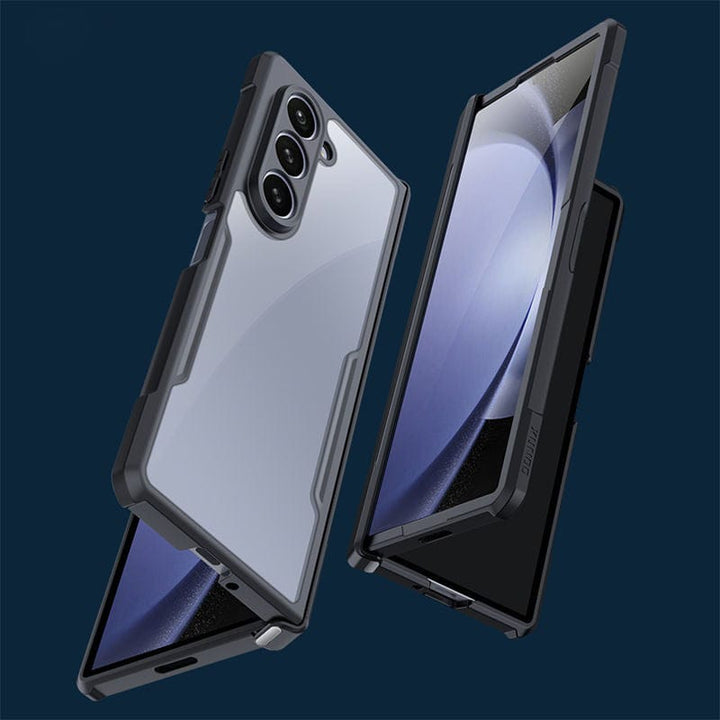 FRATO Fold 6 Collection Samsung Galaxy Z Fold 6 Shockproof Airbags Bumper Transparent Back Front Screen Protector Case Cover(Black)