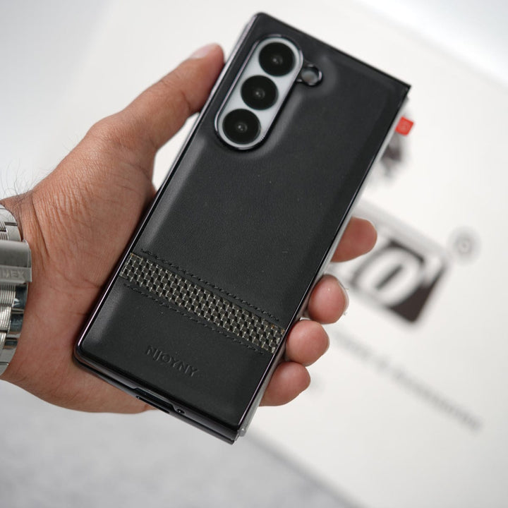 FRATO Fold 6 Collection Samsung Galaxy Z Fold 6 Stripe PU Leather Side Chrome Case With Front Glass