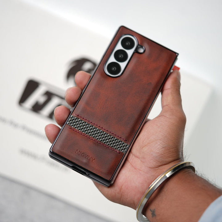 FRATO Fold 6 Collection Samsung Galaxy Z Fold 6 Stripe PU Leather Side Chrome Case With Front Glass