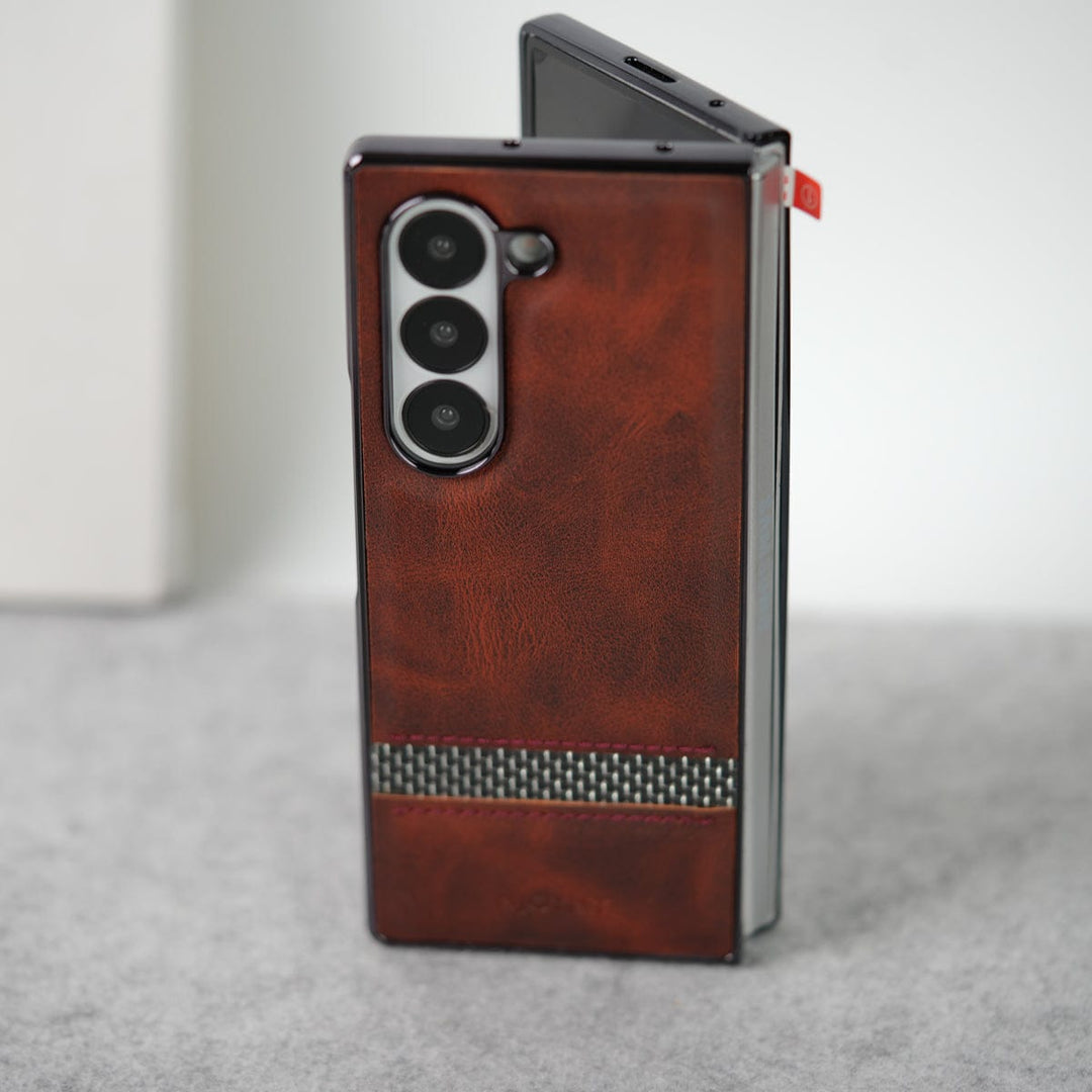 FRATO Fold 6 Collection Samsung Galaxy Z Fold 6 Stripe PU Leather Side Chrome Case With Front Glass