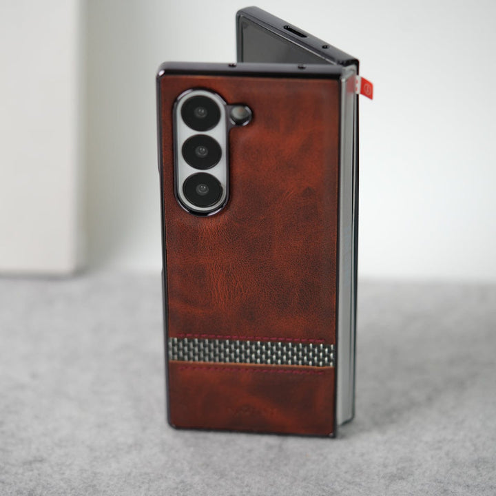 FRATO Fold 6 Collection Samsung Galaxy Z Fold 6 Stripe PU Leather Side Chrome Case With Front Glass