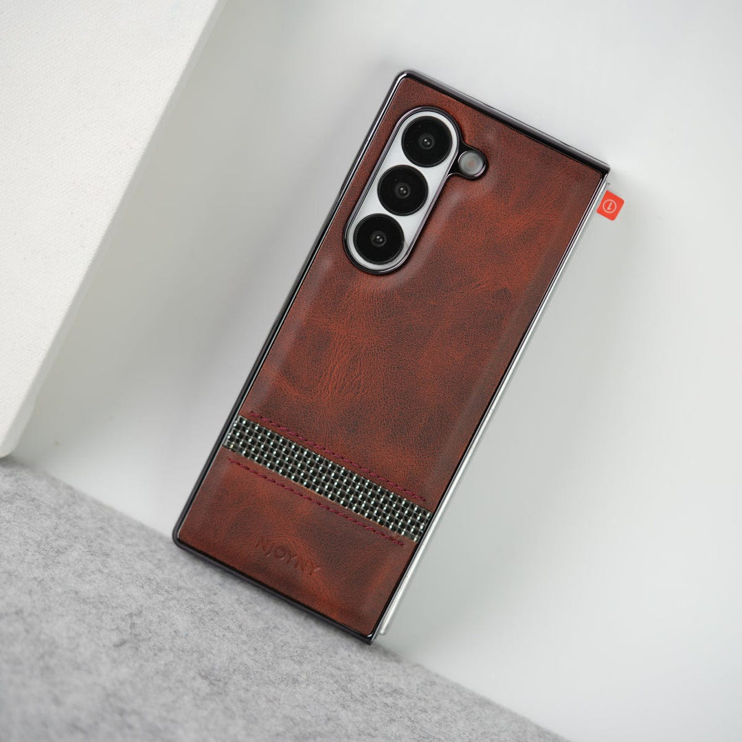 FRATO Fold 6 Collection Samsung Galaxy Z Fold 6 Stripe PU Leather Side Chrome Case With Front Glass