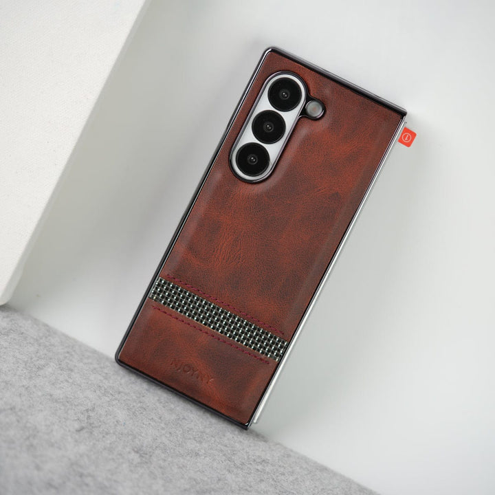 FRATO Fold 6 Collection Samsung Galaxy Z Fold 6 Stripe PU Leather Side Chrome Case With Front Glass