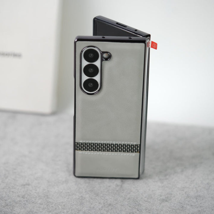FRATO Fold 6 Collection Samsung Galaxy Z Fold 6 Stripe PU Leather Side Chrome Case With Front Glass