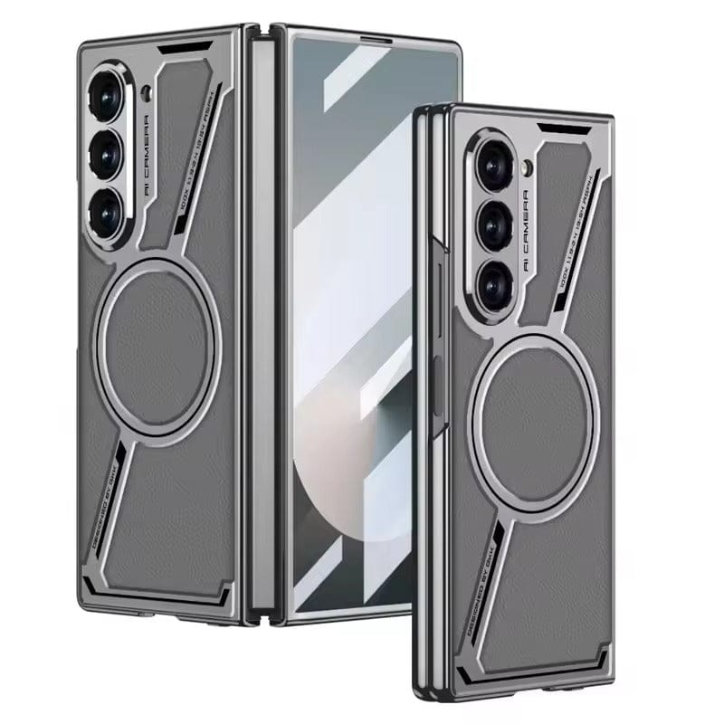 FRATO Fold 6 Collection Samsung Galaxy Z Fold 6 Z Shape Electroplated Magnetic PU Leather Wireless Charging Case Cover