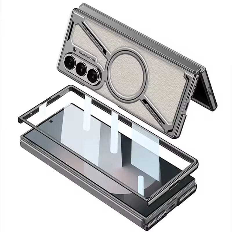 FRATO Fold 6 Collection Samsung Galaxy Z Fold 6 Z Shape Electroplated Magnetic PU Leather Wireless Charging Case Cover