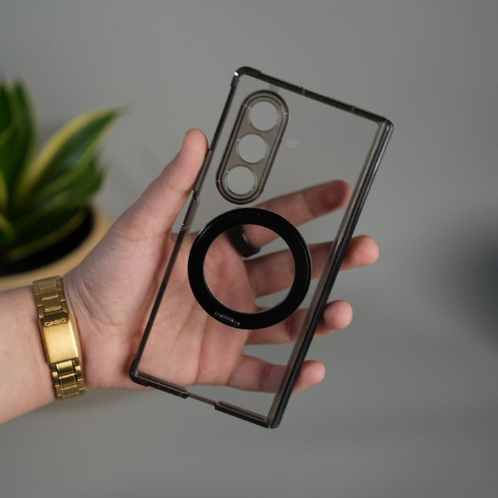 FRATO Fold 6 Collection Smoke Black Galaxy Z Fold 7 Transparent Case with Ring Stand | Clear Shockproof Cover