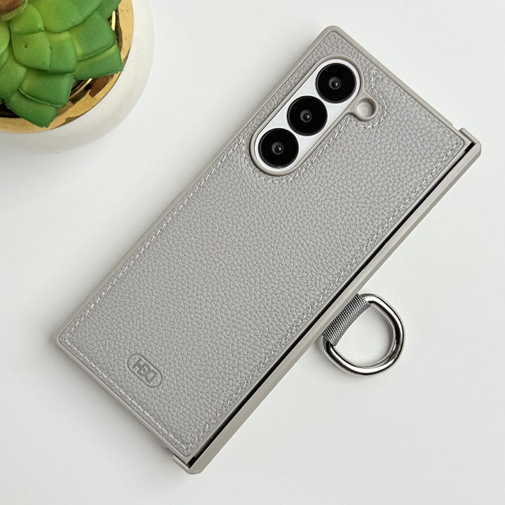 FRATO Fold 6 Collection Titanium Gray Samsung Galaxy Z Fold 6 PU Leather Hinge Protection Metal Ring Case Cover