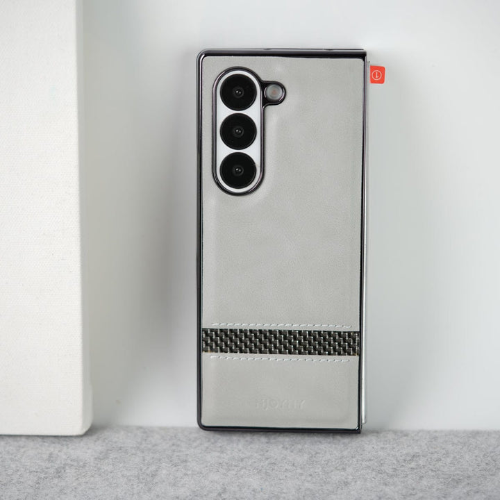 FRATO Fold 6 Collection Titanium Gray Samsung Galaxy Z Fold 6 Stripe PU Leather Side Chrome Case With Front Glass