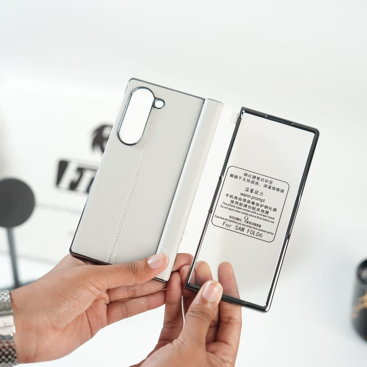 FRATO Fold 6 Collection White Galaxy Z Fold 6 Premium Leather Middle Stitch Case | Slim Protective Cover
