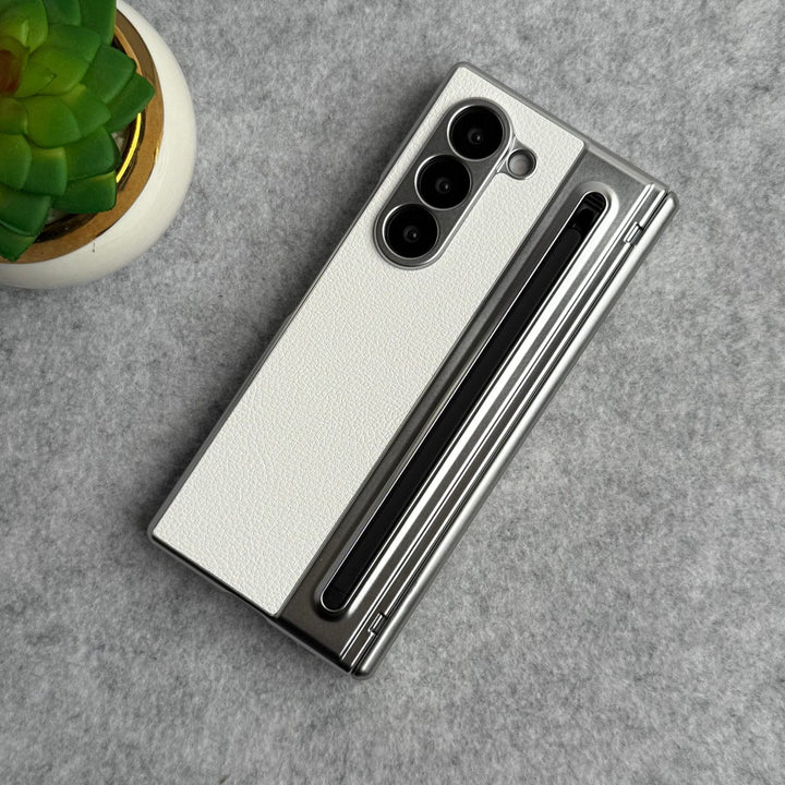 FRATO Fold 6 Collection White Samsung Galaxy Z Fold 5 Leather Plating front Glass Protection Hinge Case Folding Cover