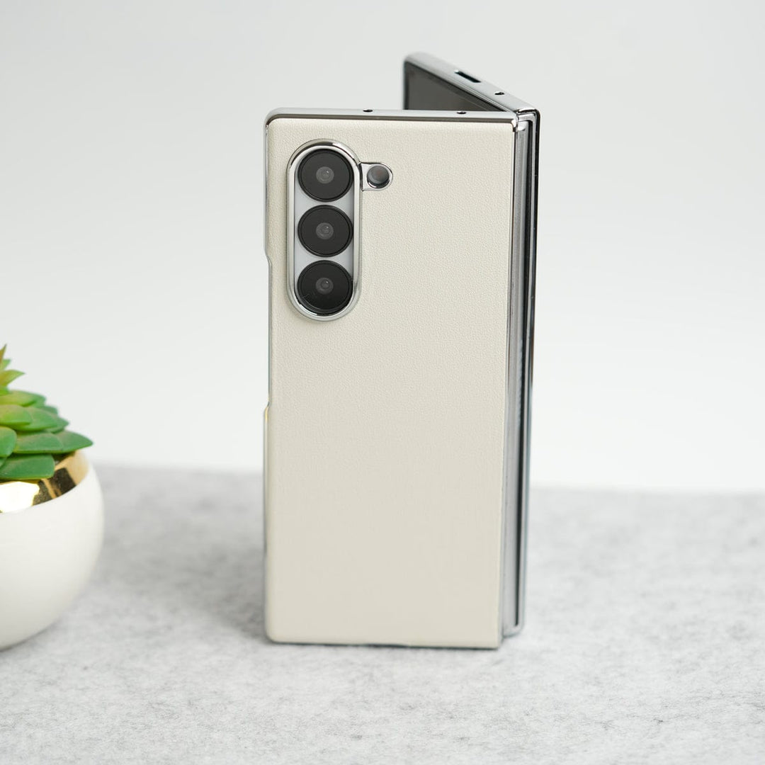 FRATO Fold 6 Collection White Samsung Galaxy Z Fold 6 Glossy Chrome Plated PU Leather Skin Case Cover
