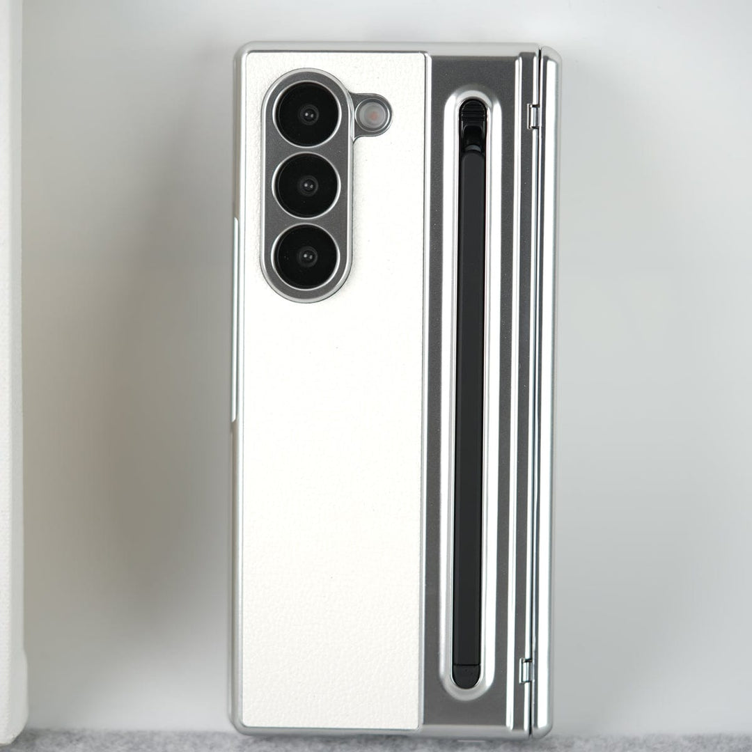 FRATO Fold 6 Collection White Samsung Galaxy Z Fold 6 Leather Plating front Glass Protection Hinge Case Folding Cover