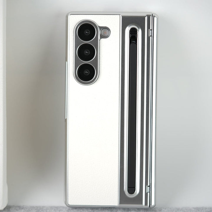 FRATO Fold 6 Collection White Samsung Galaxy Z Fold 6 Leather Plating front Glass Protection Hinge Case Folding Cover