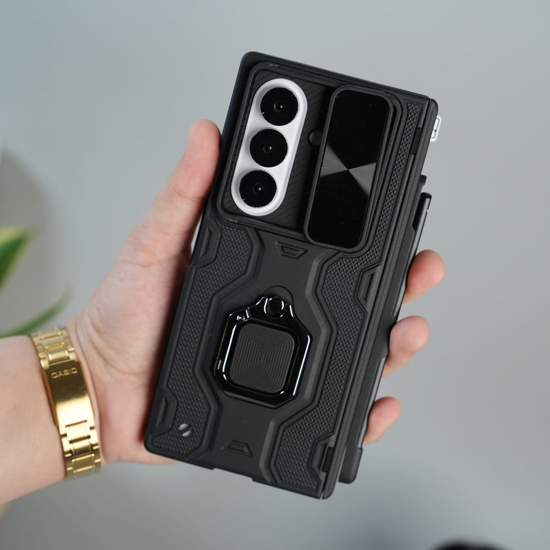 FRATO Fold 7 Collection Black Galaxy Z Fold 7 Full Protection Armor Case with Front Glass, Camera Shutter, Kickstand &amp; S Pen Cover