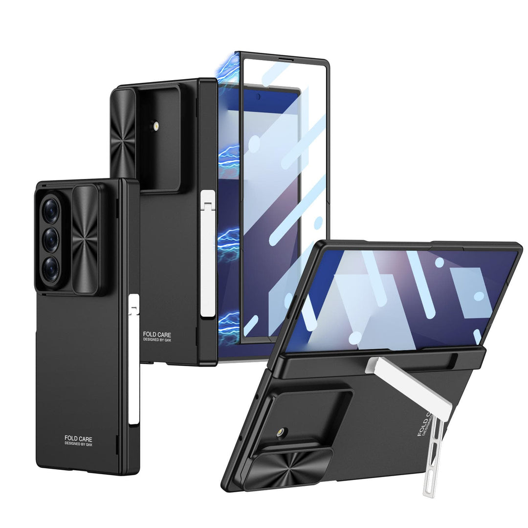 FRATO Fold 7 Collection Black Galaxy Z Fold 7 GKK Kickstand Slide Camera Lid Folding PC Phone Cover with Tempered Glass Screen Film