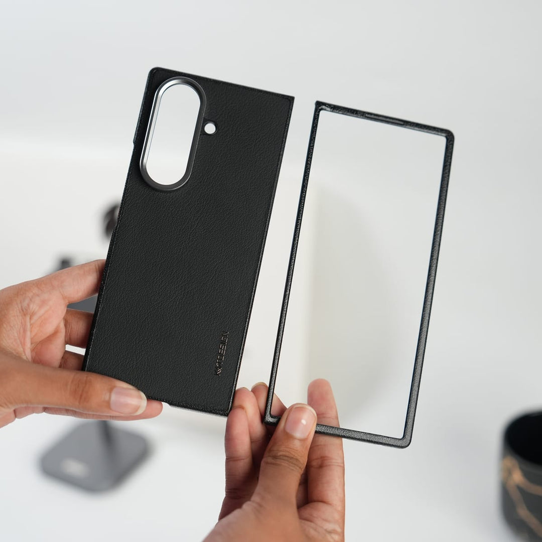 FRATO Fold 7 Collection Black Galaxy Z Fold 7 Leather Texture Front &amp; Back Protective Case