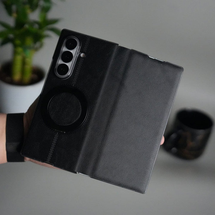 FRATO Fold 7 Collection Black Galaxy Z Fold 7 Luxury Leather Rotating Ring Stand Case