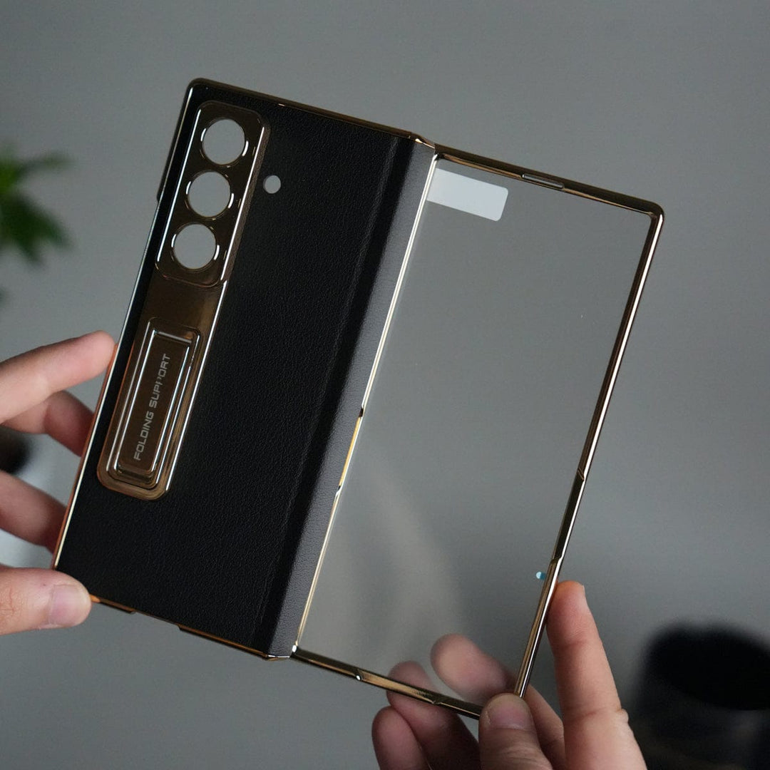 FRATO Fold 7 Collection Black Galaxy Z Fold 7 Premium Leather Case | Front Glass | Gold Plated Camera Frame with Kickstand