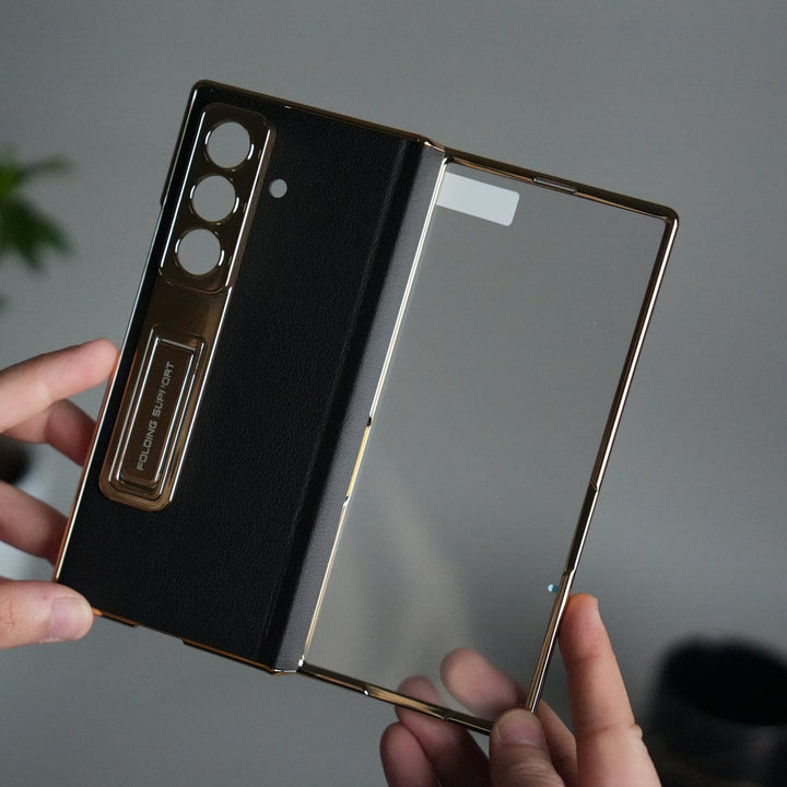 FRATO Fold 7 Collection Black Galaxy Z Fold 7 Premium Leather Case | Front Glass | Gold Plated Camera Frame with Kickstand