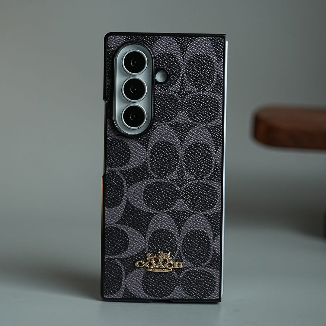 FRATO Fold 7 Collection Black Leather Texture Pattern Case for Galaxy Z Fold 7 | Gold-Tone Logo Slim Cover