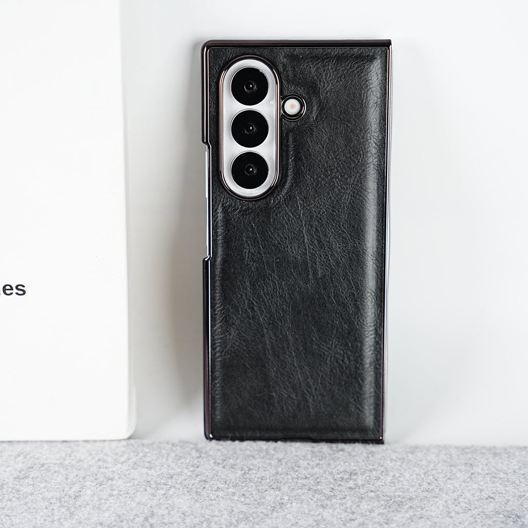 FRATO Fold 7 Collection Black Samsung Galaxy Z Fold 7 PU Leather Chrome Plated Front Screen Protector Case Cover