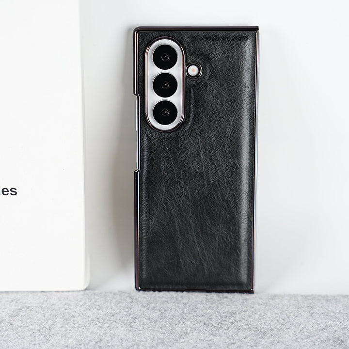FRATO Fold 7 Collection Black Samsung Galaxy Z Fold 7 PU Leather Chrome Plated Front Screen Protector Case Cover