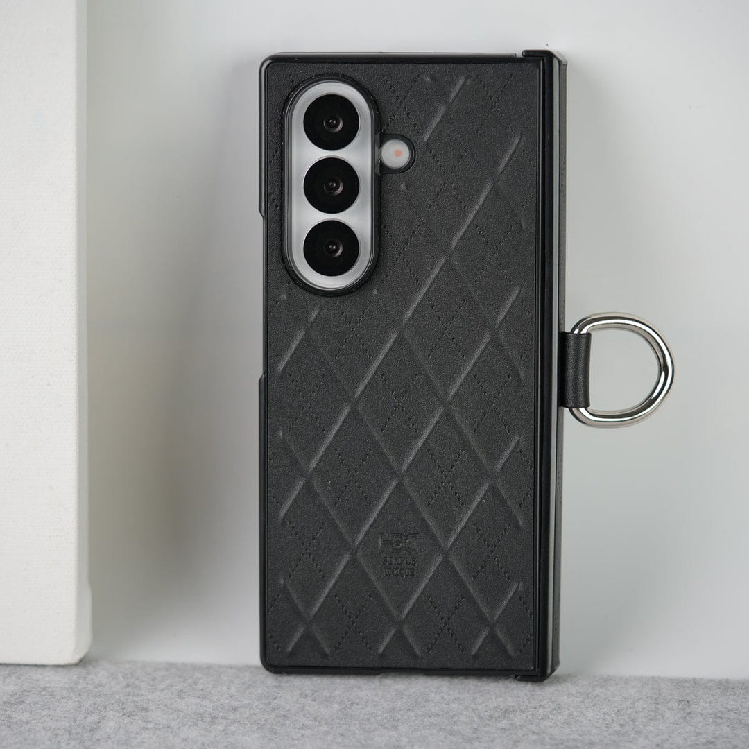 FRATO Fold 7 Collection Black Samsung Galaxy Z Fold 7 PU Leather Cross Dot Hinge Protection Metal Ring Case Cover