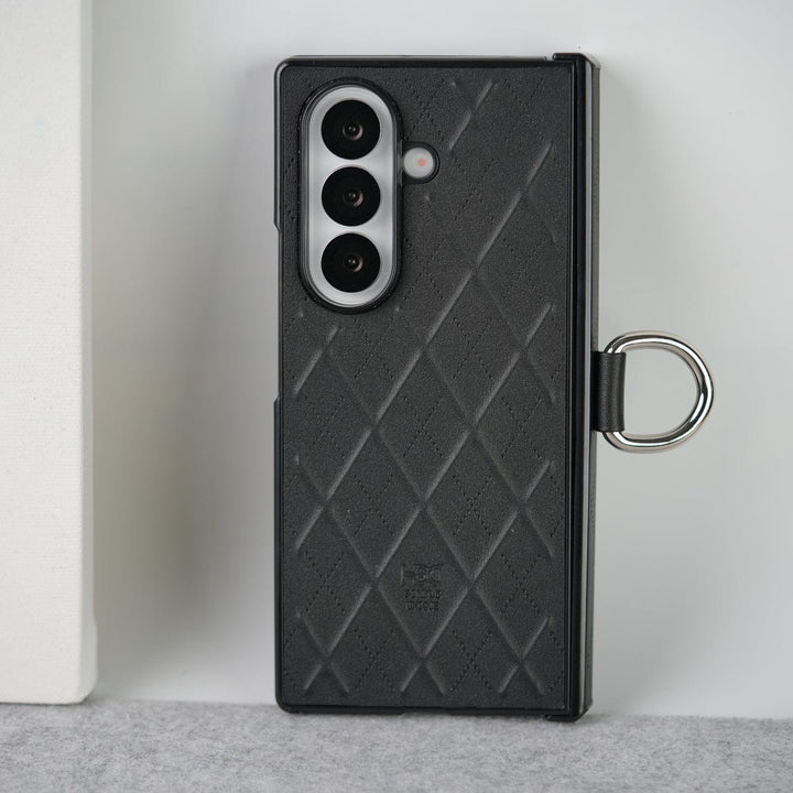 FRATO Fold 7 Collection Black Samsung Galaxy Z Fold 7 PU Leather Cross Dot Hinge Protection Metal Ring Case Cover