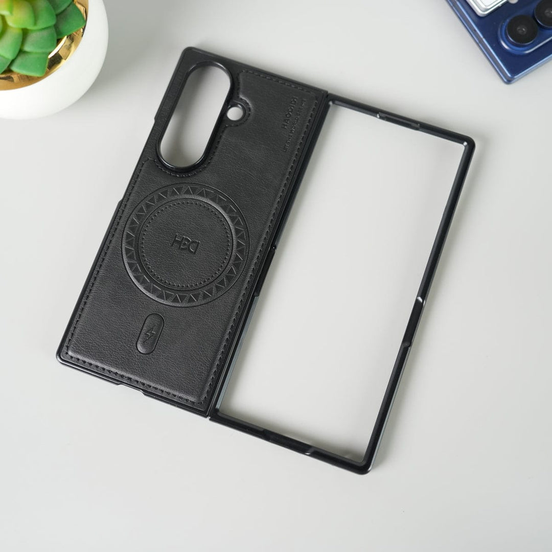 FRATO Fold 7 Collection Black Stitch PU Leather Magnetic Charging Ring Cover For Galax Z fold 7