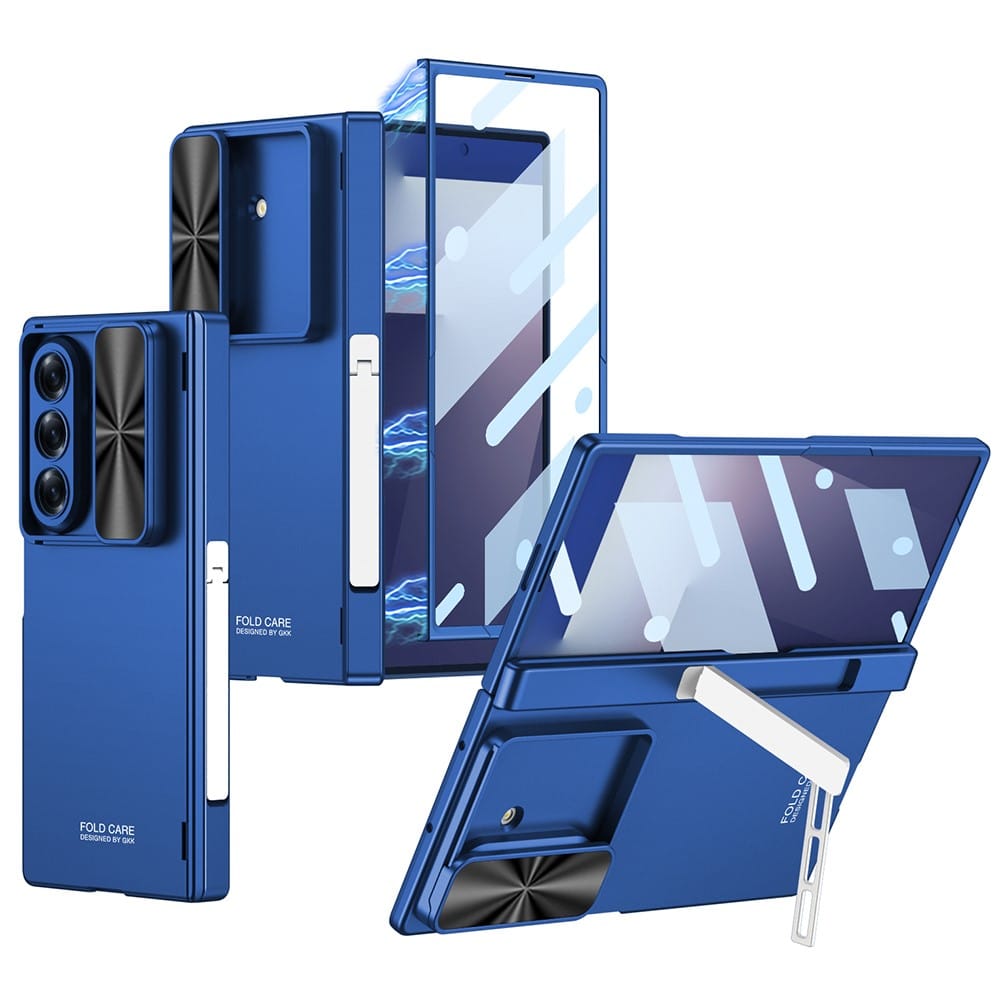 FRATO Fold 7 Collection Blue Galaxy Z Fold 7 GKK Kickstand Slide Camera Lid Folding PC Phone Cover with Tempered Glass Screen Film