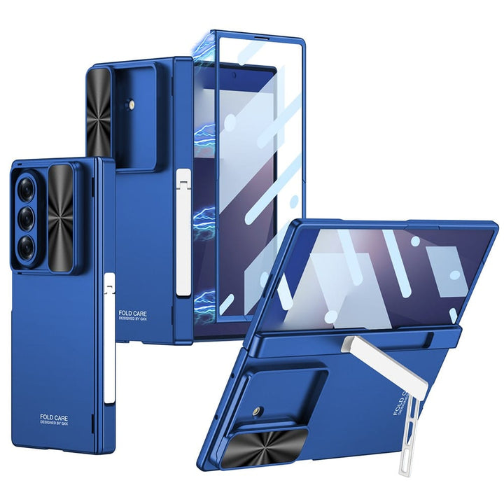 FRATO Fold 7 Collection Blue Galaxy Z Fold 7 GKK Kickstand Slide Camera Lid Folding PC Phone Cover with Tempered Glass Screen Film
