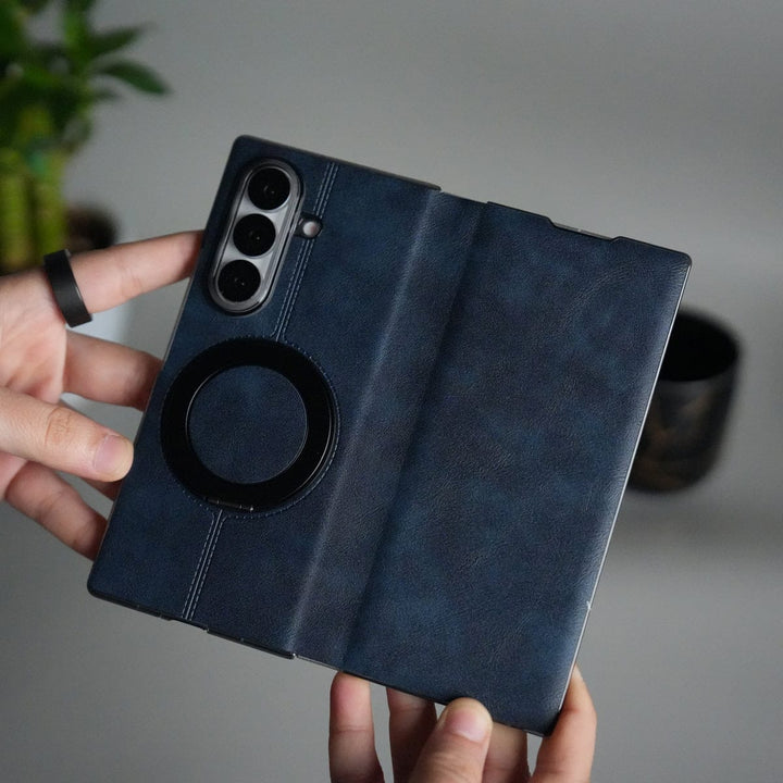 FRATO Fold 7 Collection Blue Galaxy Z Fold 7 Luxury Leather Rotating Ring Stand Case