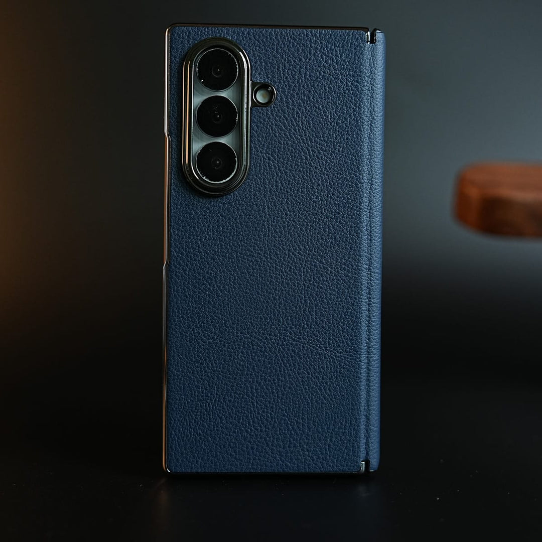 FRATO Fold 7 Collection Blue Leather Chrome Plated Case with Front Glass Protection For Samsung Galaxy Z Fold 7 | Premium Textured Finish