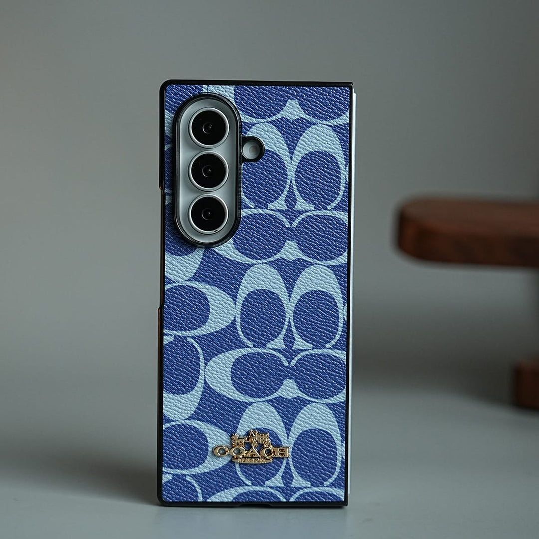 FRATO Fold 7 Collection Blue Leather Texture Pattern Case for Galaxy Z Fold 7 | Gold-Tone Logo Slim Cover
