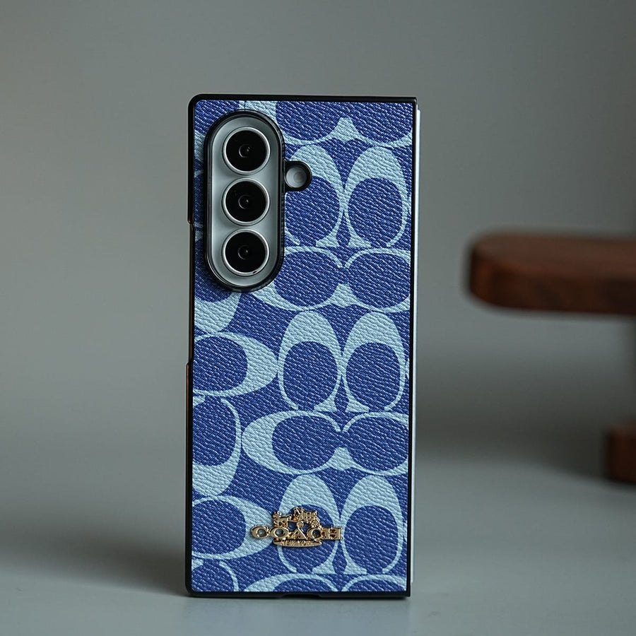 FRATO Fold 7 Collection Blue Leather Texture Pattern Case for Galaxy Z Fold 7 | Gold-Tone Logo Slim Cover