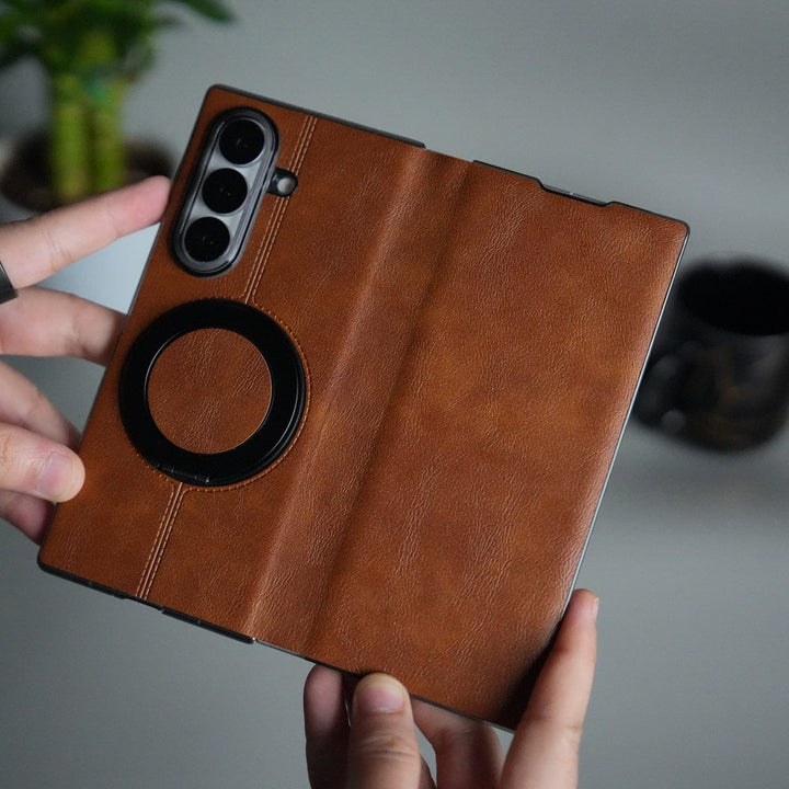 FRATO Fold 7 Collection Brown Galaxy Z Fold 7 Luxury Leather Rotating Ring Stand Case