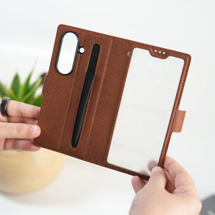 FRATO Fold 7 Collection Brown Galaxy Z Fold 7 Premium Leather Wallet Case with Front Screen Protection