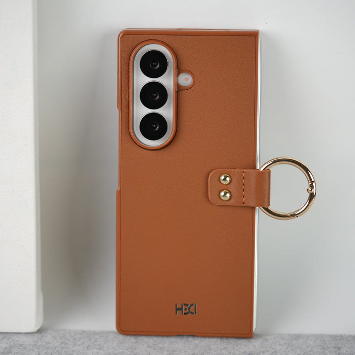 FRATO Fold 7 Collection Brown Samsung Galaxy Z Fold 7 Matte Finish PU Leather Case Cover With Metal Ring Holder